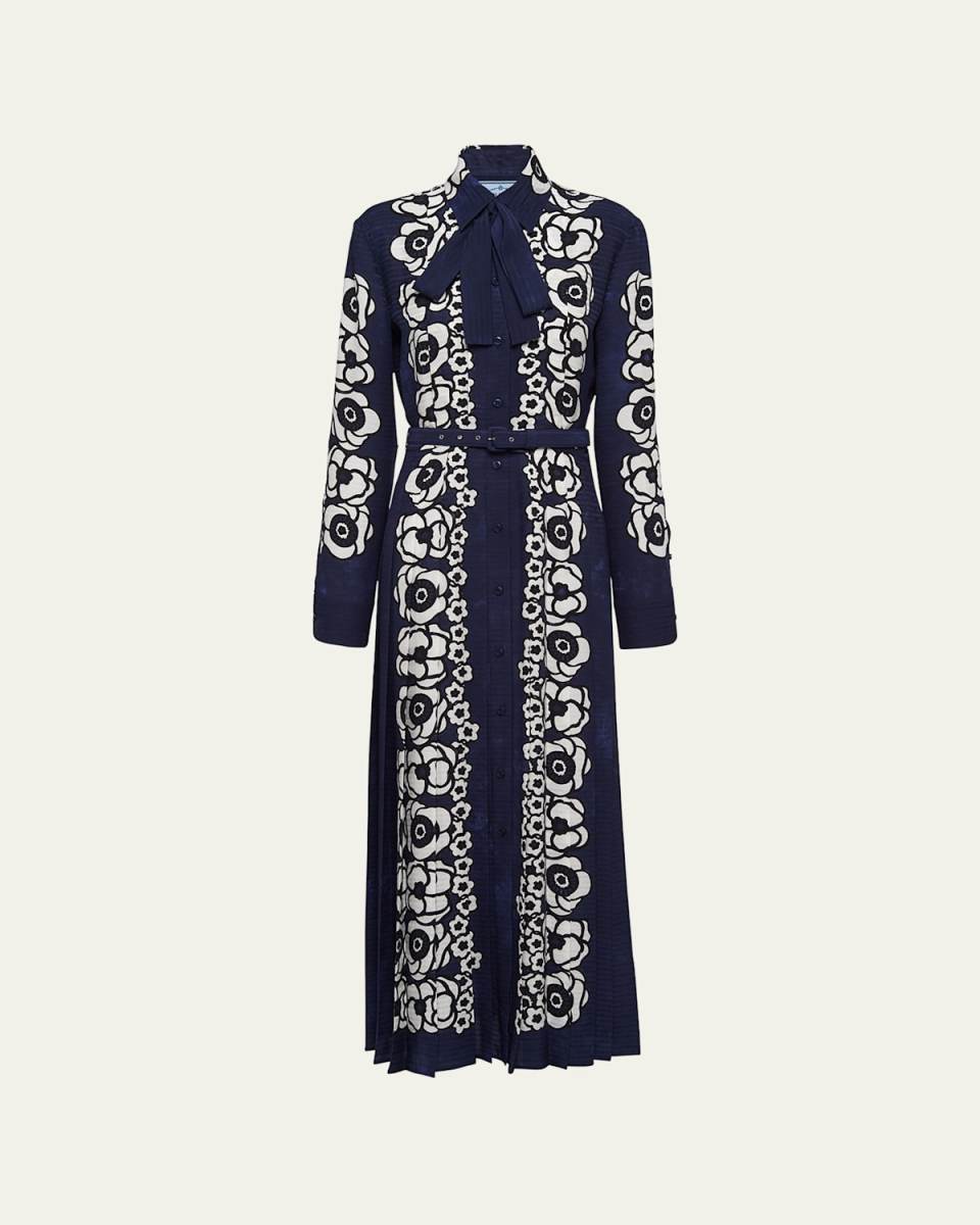 Floral-Print Pleated Crepe De Chine Belted Dress